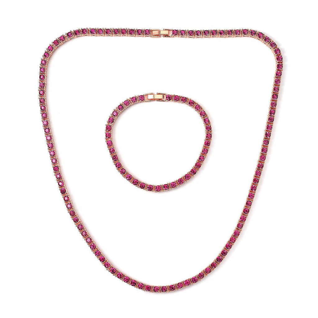 Set of 2 - Fuchsia Crystal Necklace (Size - 20) & Tennis Bracelet (Size - 7.5) in Rose Gold Tone