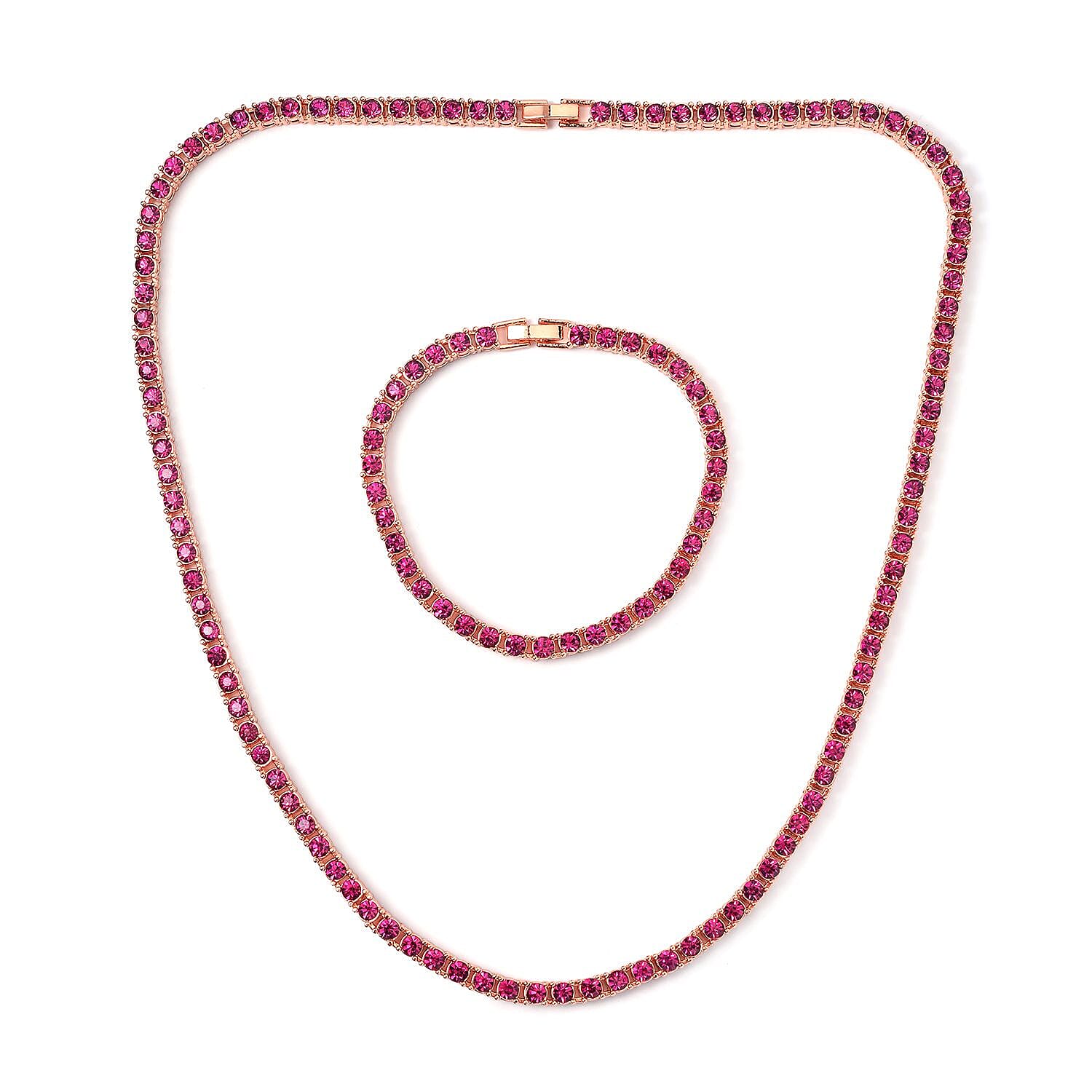 Set of 2 - Fuchsia Crystal Necklace (Size - 20) &amp; Tennis Bracelet (Size - 7.5) in Rose Gold Tone 4468568 0