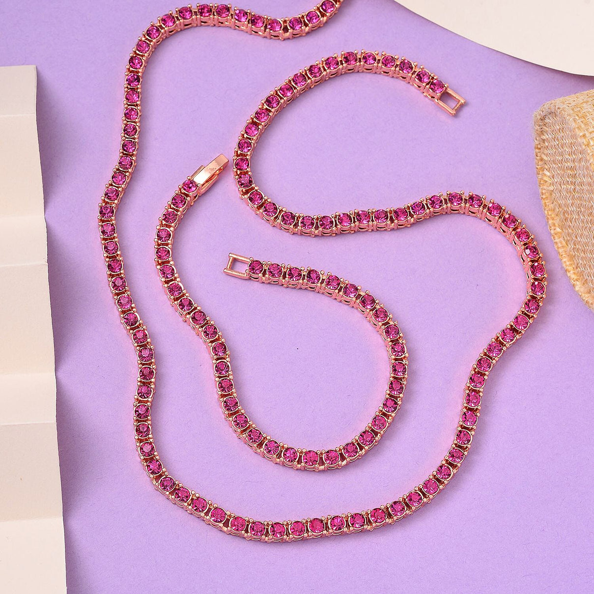 Set of 2 - Fuchsia Crystal Necklace (Size - 20) &amp; Tennis Bracelet (Size - 7.5) in Rose Gold Tone 4468568 3