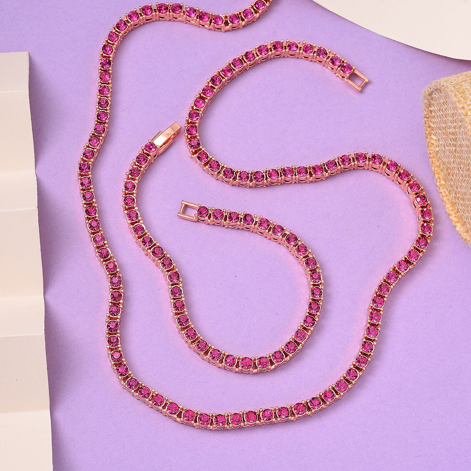 Set of 2 - Fuchsia Crystal Necklace (Size - 20) &amp; Tennis Bracelet (Size - 7.5) in Rose Gold Tone 4468568 3