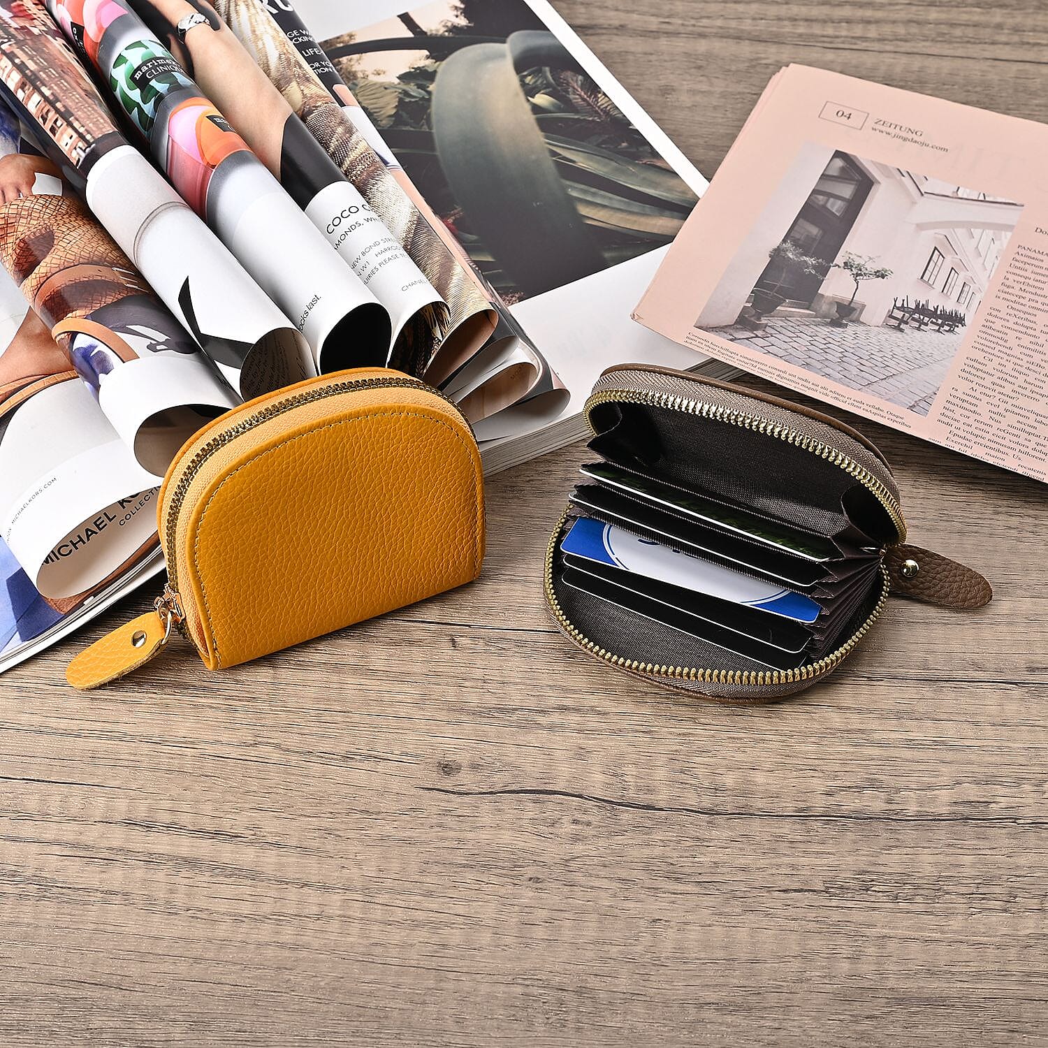 Set of 2 Genuine Leather Card Wallet with RFID Blocking &amp; 10 Card Slots - Yellow &amp; Khaki 7618270 1