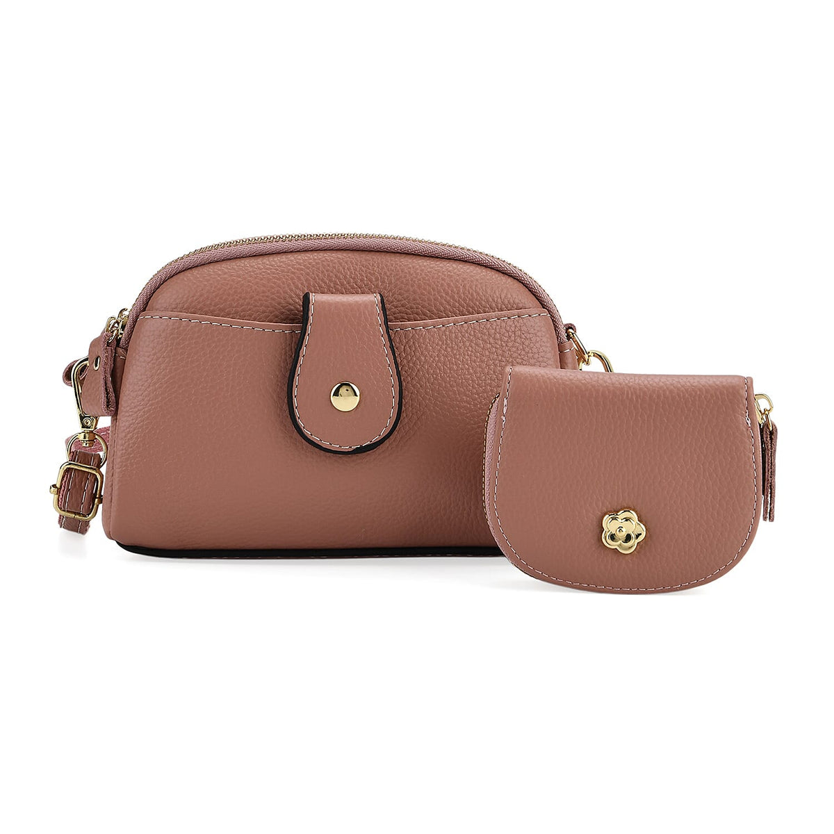 Set of 2 Genuine Leather Crossbody Bag &amp; RFID Card Wallet - Dusty Pink 8207541 0