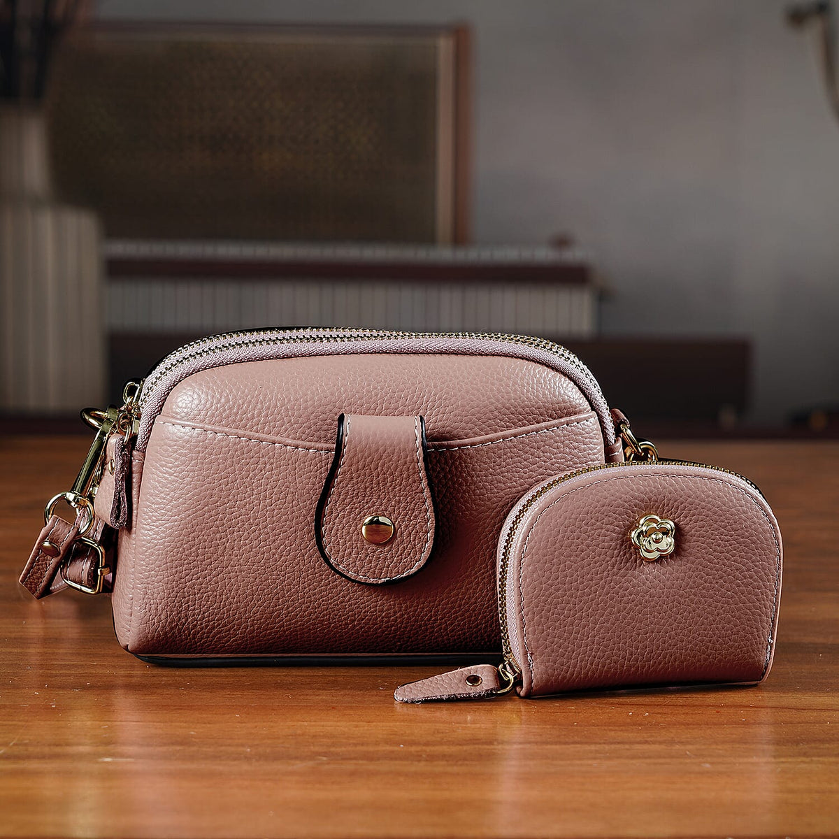 Set of 2 Genuine Leather Crossbody Bag &amp; RFID Card Wallet - Dusty Pink 8207541 2