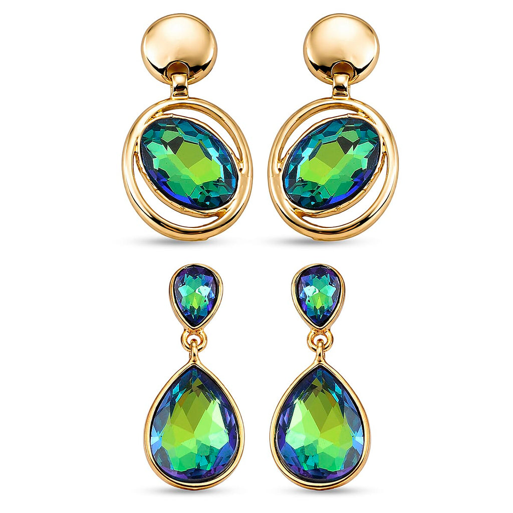 Set of 2 -  Green Magic Color Crystal Dangling Earring with Push Back in Yellow Gold Tone
