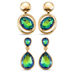 Set of 2 -  Green Magic Color Crystal Dangling Earring with Push Back in Yellow Gold Tone