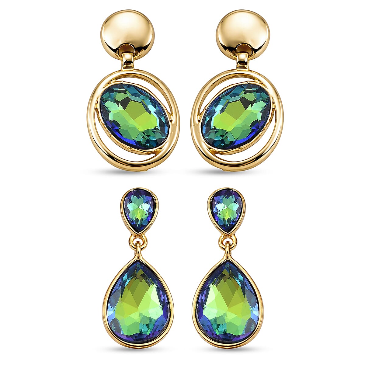 Set of 2 - Green Magic Color Crystal Dangling Earring with Push Back in Yellow Gold Tone V32535566 0