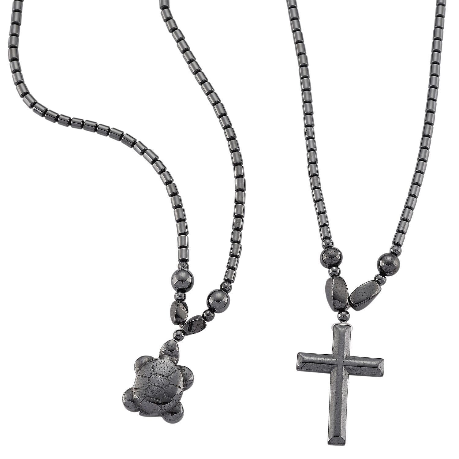 Set of 2 -  Hematite Cross &amp; Turtle Necklace (Size -25) in Silver Tone 448.50 Ct. 4434407 0