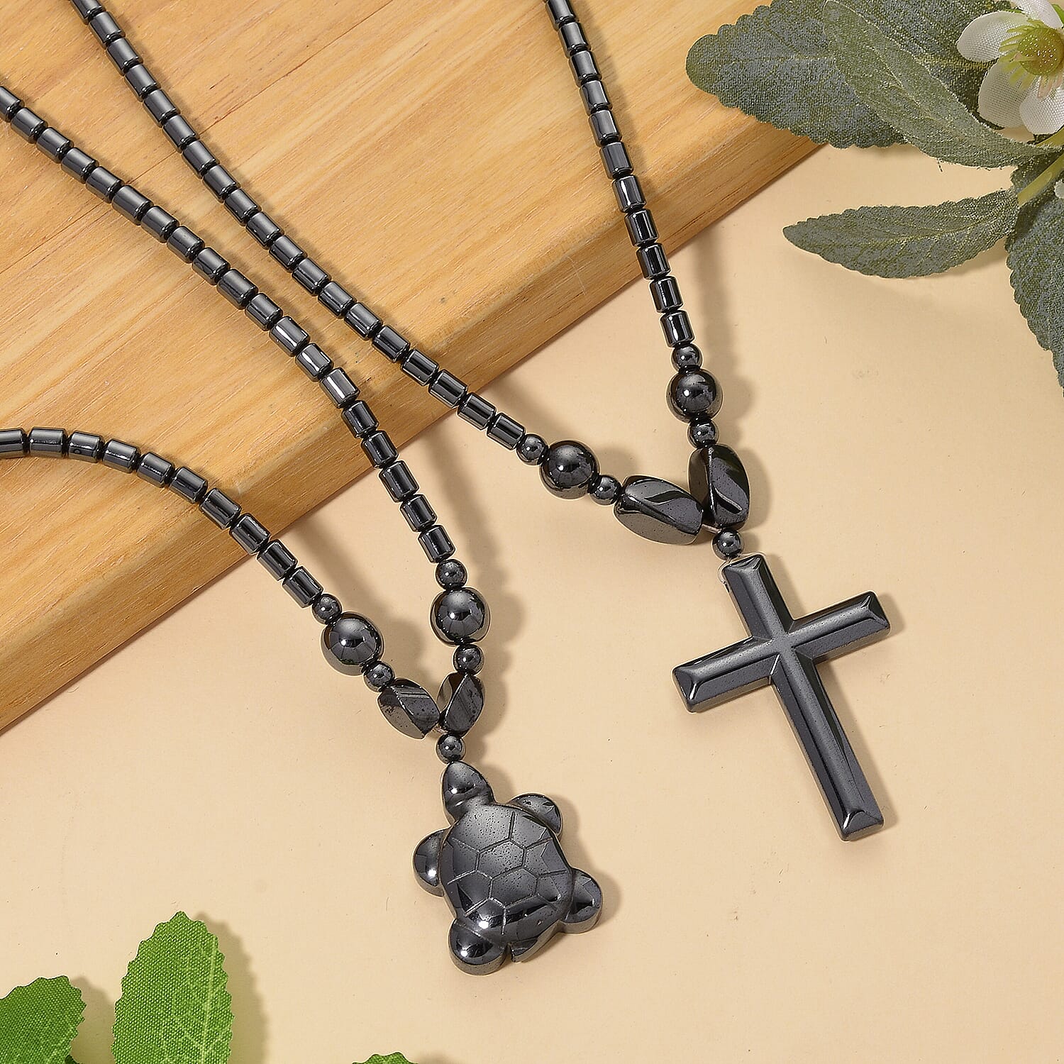 Set of 2 -  Hematite Cross &amp; Turtle Necklace (Size -25) in Silver Tone 448.50 Ct. 4434407 2