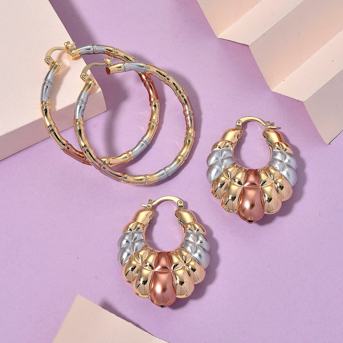 Set of 2 - J &amp; Half Hoop Earring with Clasp in Tri Colour 4423847 2