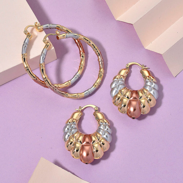 Set of 2 - J &amp; Half Hoop Earring with Clasp in Tri Colour 4423847 2