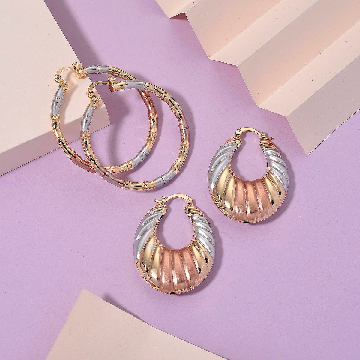 Set of 2 - J Hoop Half Hoop Earring with Clasp in Tri Colour 4423849 2