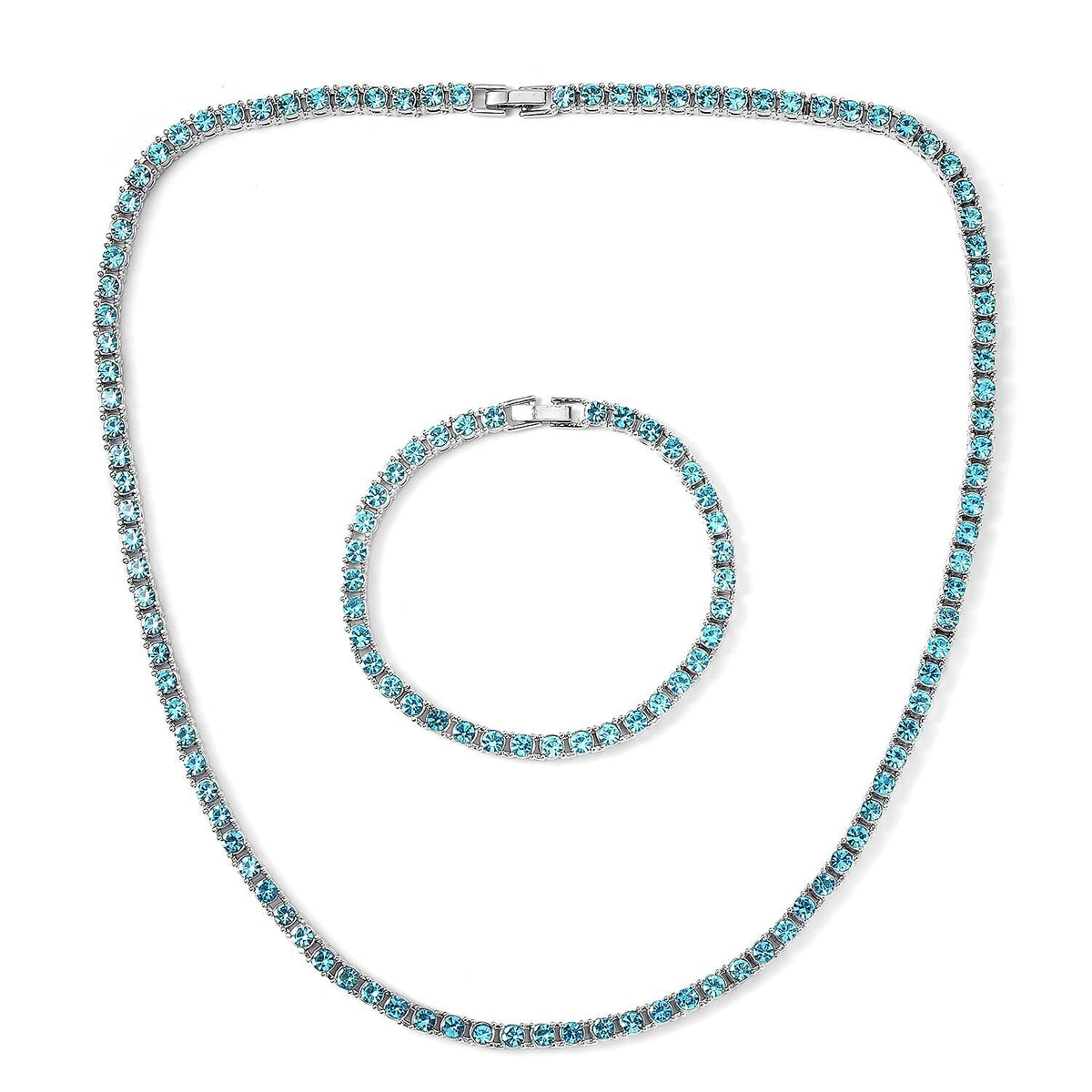Set of 2 - Light Blue Crystal Tennis Necklace (Size - 20) &amp; Bracelet (Size - 7.5) in Silver Tone V32516264 0