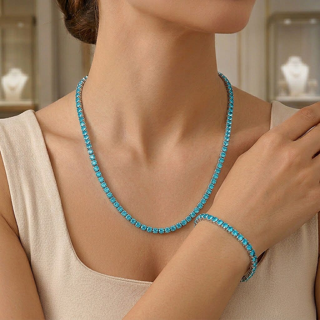 Set of 2 - Light Blue Crystal Tennis Necklace (Size - 20) &amp; Bracelet (Size - 7.5) in Silver Tone V32516264 2