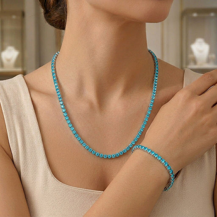 Set of 2 - Light Blue Crystal Tennis Necklace (Size - 20) &amp; Bracelet (Size - 7.5) in Silver Tone V32670111 2
