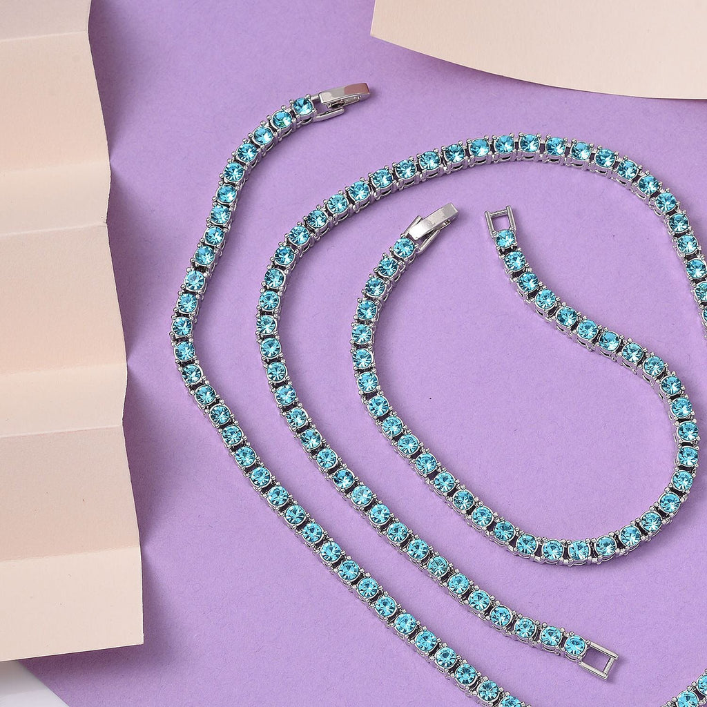 Set of 2 - Light Blue Crystal Necklace (Size - 20) & Tennis Bracelet (Size - 7.5) in Silver Tone
