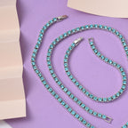Set of 2 - Light Blue Crystal Necklace (Size - 20) & Tennis Bracelet (Size - 7.5) in Silver Tone
