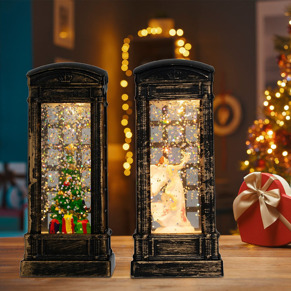 Set of 2 Light Up Telephone Box Christmas Decoration (Angel &amp; Tree) - Multi 7553185 1