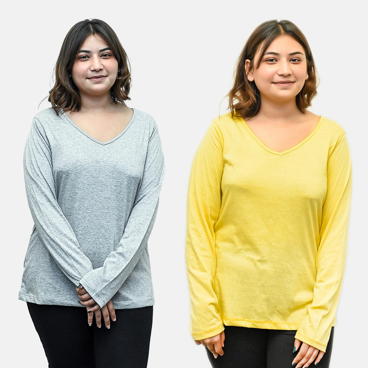 TAMSY Set of 2 Long Sleeves V Neck T-Shirt (Size L) - Grey - Lemon 7659513 0