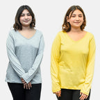 TAMSY Set of 2 Long Sleeves V Neck T-Shirt (Size L) - Grey - Lemon