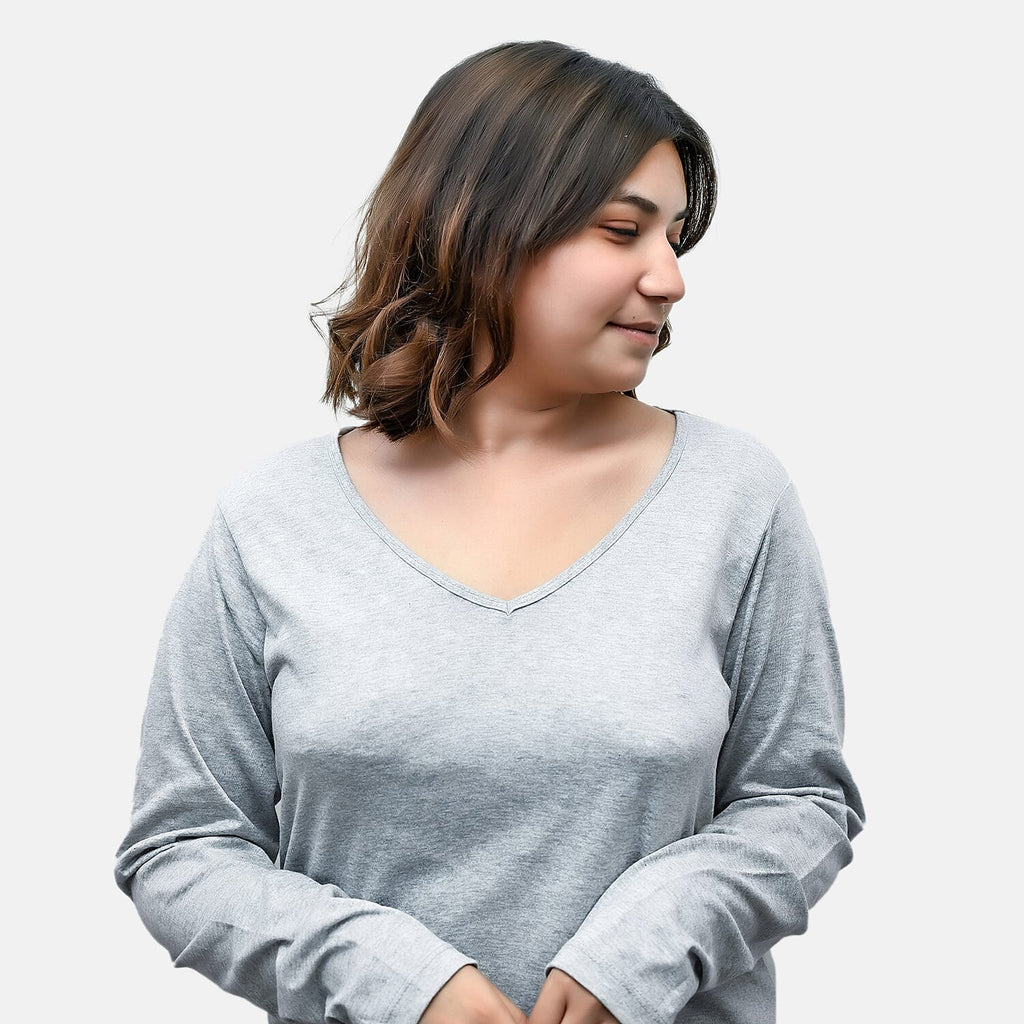 TAMSY Set of 2 Long Sleeves V Neck T-Shirt (Size L) - Grey - Lemon
