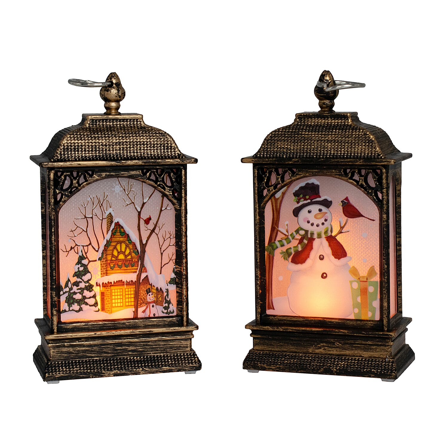 Set of 2 Mini Lantern Decoration with Christmas Designs (Home &amp; Snowman) - Multi 7553271 1
