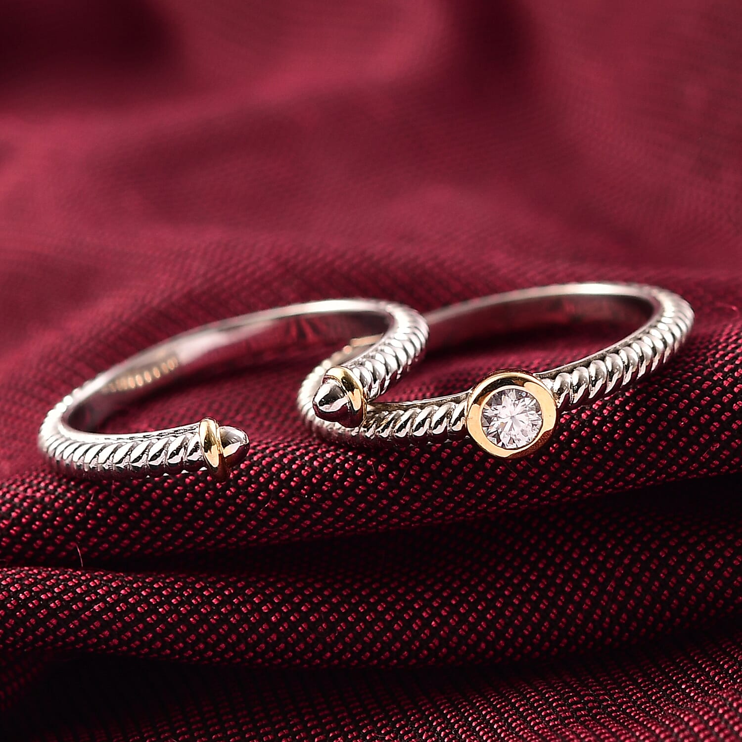 Set of 2 - Moissanite Stackable Ring in Platinum and Yellow Gold Plated Sterling Silver 0.11 Ct. 4415365 2