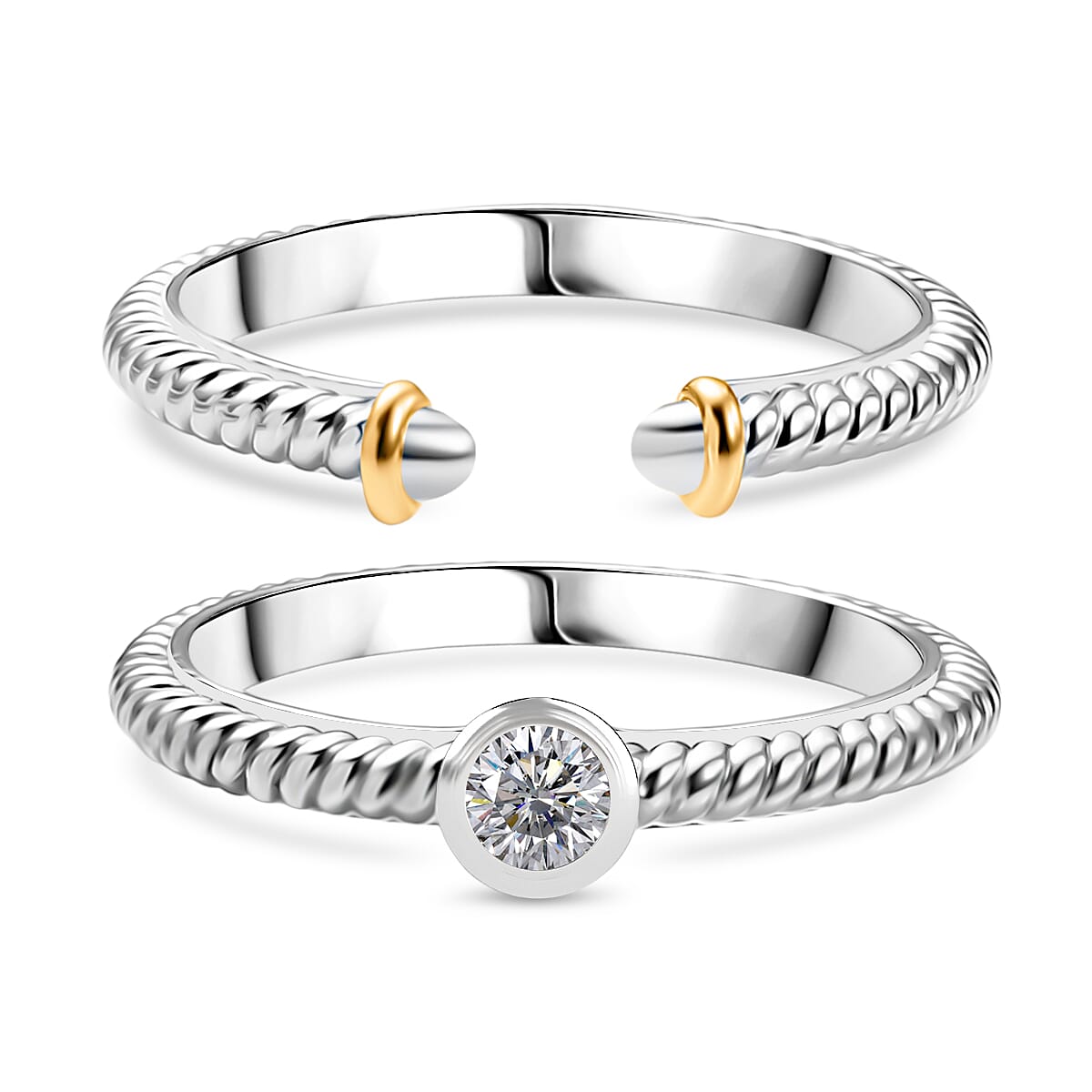 Set of 2 - Moissanite Stackable Ring in Platinum and Yellow Gold Plated Sterling Silver 0.11 Ct. 4415378 0