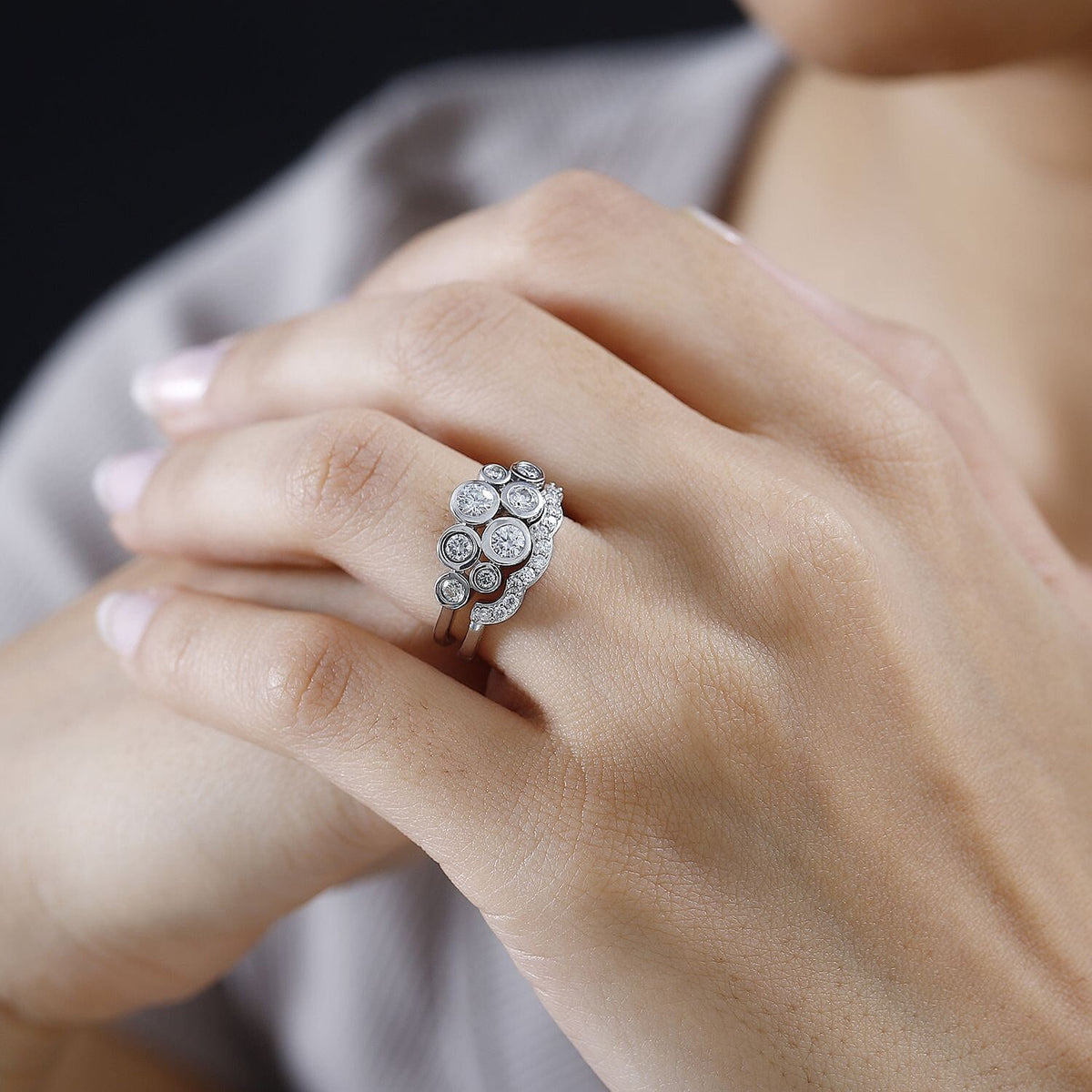 Set of 2 - Moissanite Stackable Bubble Ring in Platinum Overlay Sterling Silver 1.01 Ct 4259214 2