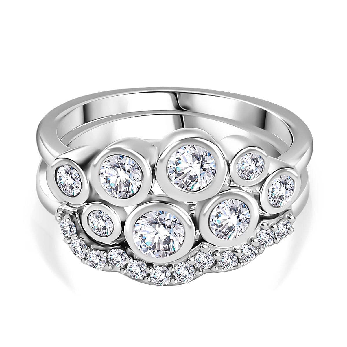 Set of 2 - Moissanite Stackable Bubble Ring in Platinum Overlay Sterling Silver 1.01 Ct 4259228 0