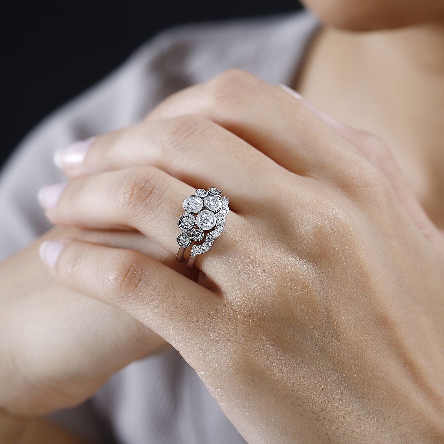 Set of 2 - Moissanite Stackable Bubble Ring in Platinum Overlay Sterling Silver 1.01 Ct 4259228 2
