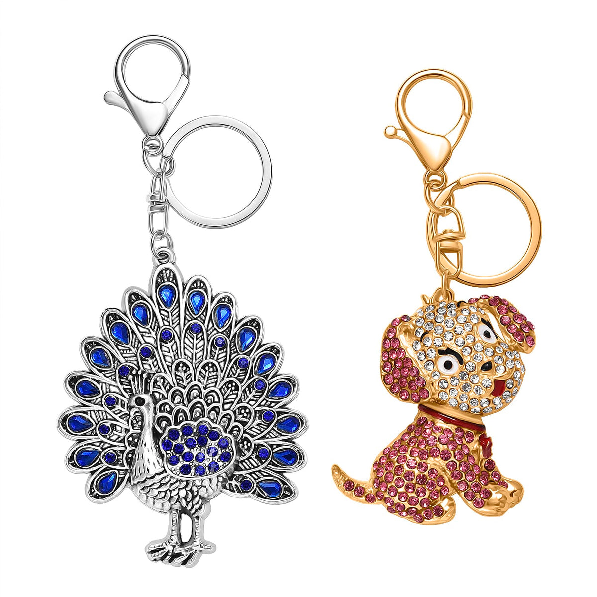 Set of 2 - Multi Colour Peacock &amp; Sweet Puppy Crystal Keychain in Yellow Gold Plated V32733595 0