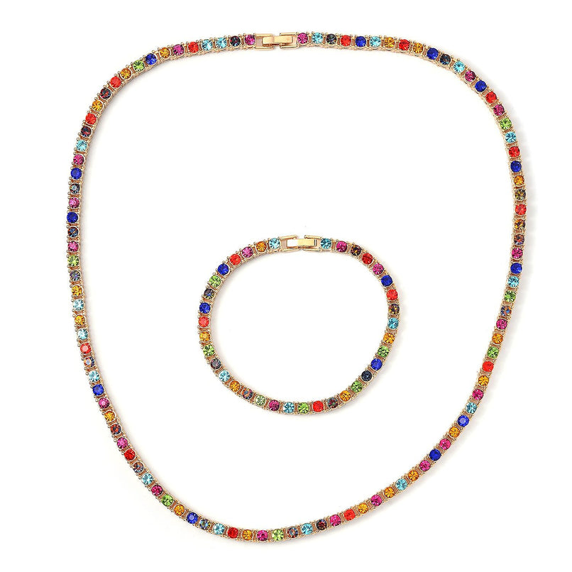 Set of 2 - Multi Color Crystal Necklace (Size - 20) & Bracelet (Size - 6.25) in Yellow Gold Tone