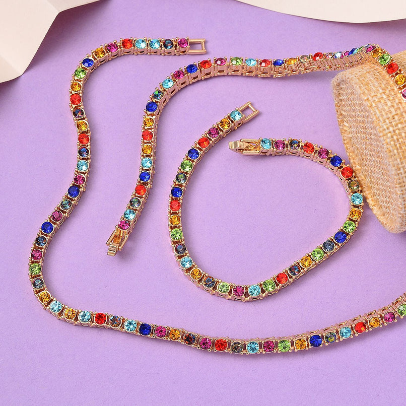 Set of 2 - Multi Color Crystal Tennis Necklace (Size - 20) & Bracelet (Size - 7) in Yellow Gold Tone