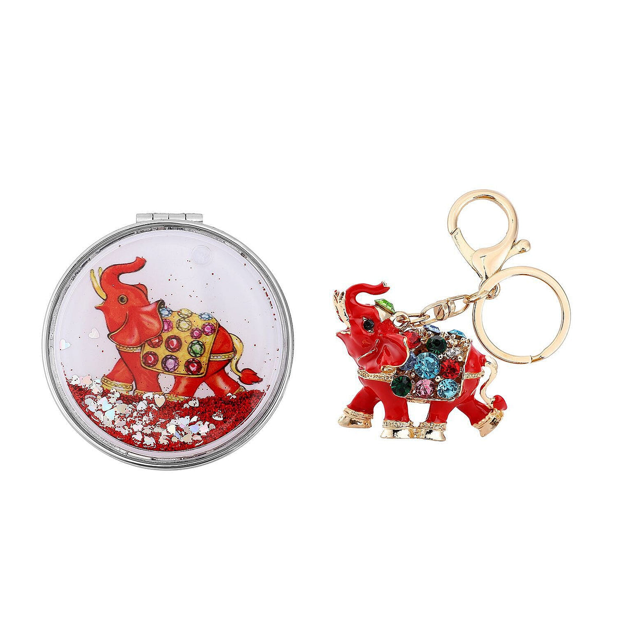Set of 2 - Multi Colour Austrian Crystal Enamelled Elephant Keychain and Mirror in Yellow Gold Tone 4121242 0