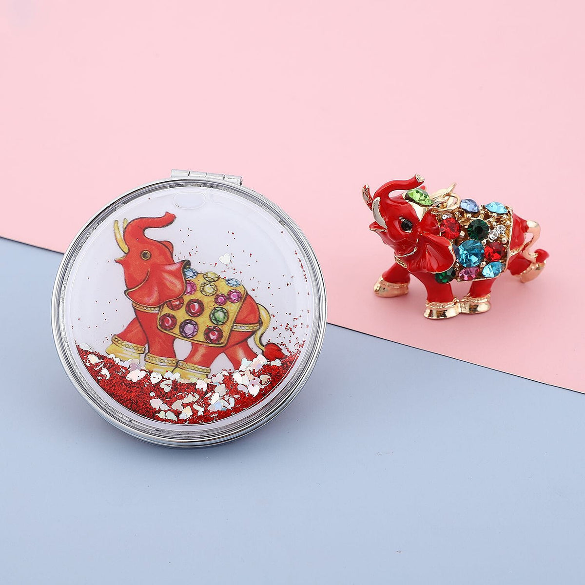 Set of 2 - Multi Colour Austrian Crystal Enamelled Elephant Keychain and Mirror in Yellow Gold Tone 4121242 2