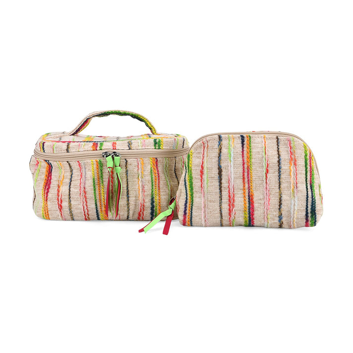 Set of 2 Multi-Colour Woven Pattern Cosmetic Bags - Beige 8197755 1