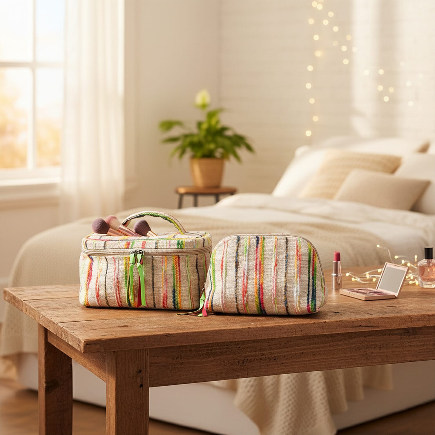 Set of 2 Multi-Colour Woven Pattern Cosmetic Bags - Beige 8197755 2