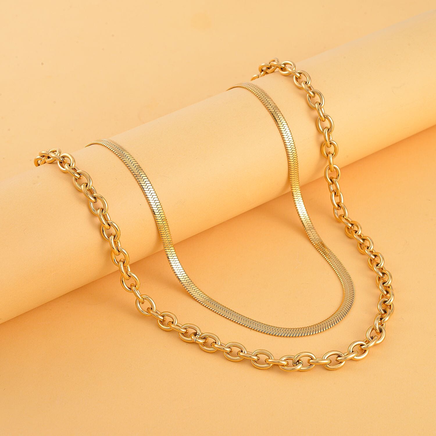 Set of 2 - Snake &amp; Rope Stainless Steel Necklace (22-2) in Yellow Gold Tone 4193540 1