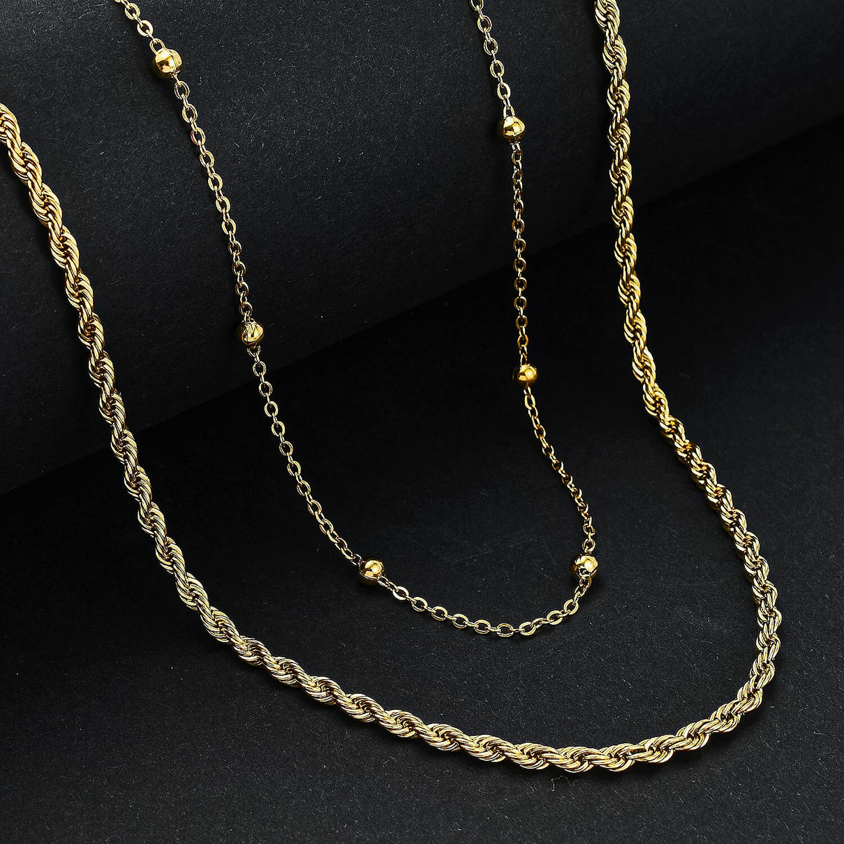 Set of 2 - Rope and Bead Necklace in Stainless Steel with Yellowtone 4206658 1