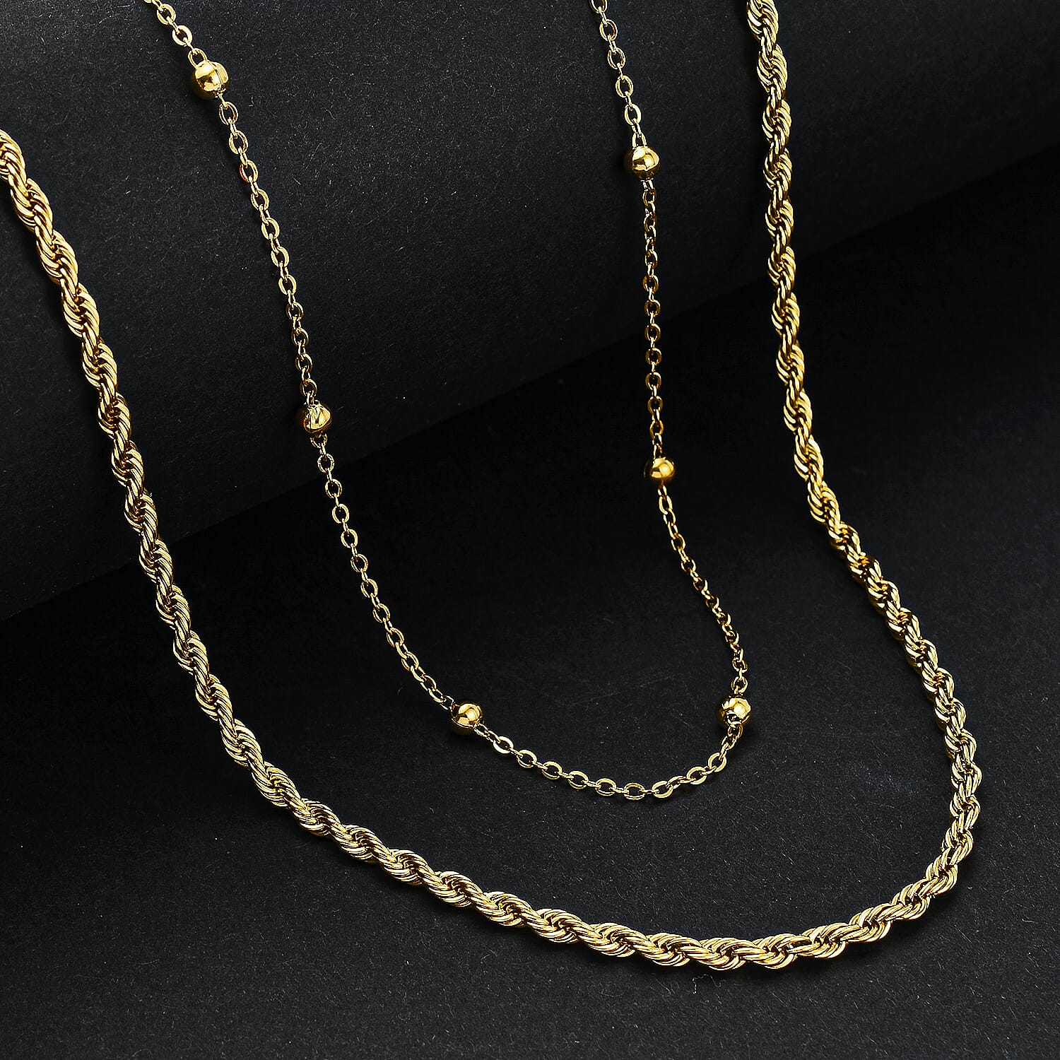 Set of 2 - Rope and Bead Necklace in Stainless Steel with Yellowtone 4206658 1