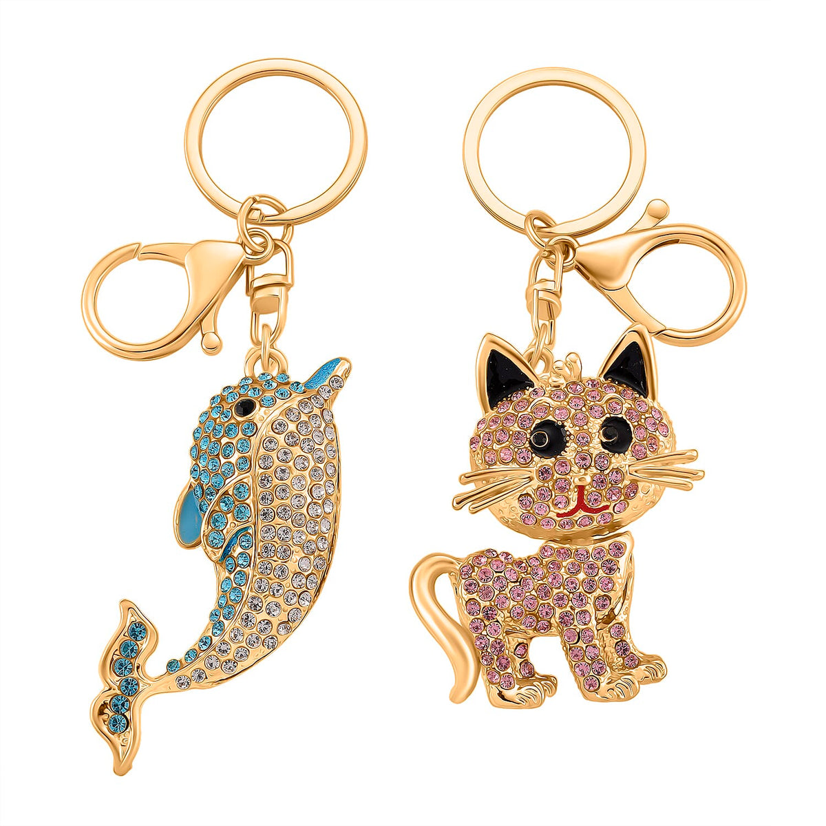 Set of 2 -  Pink &amp; Multi Colour Cat &amp; Dolphin Crystal Keychain in Yellow Gold Tone 4436012 0