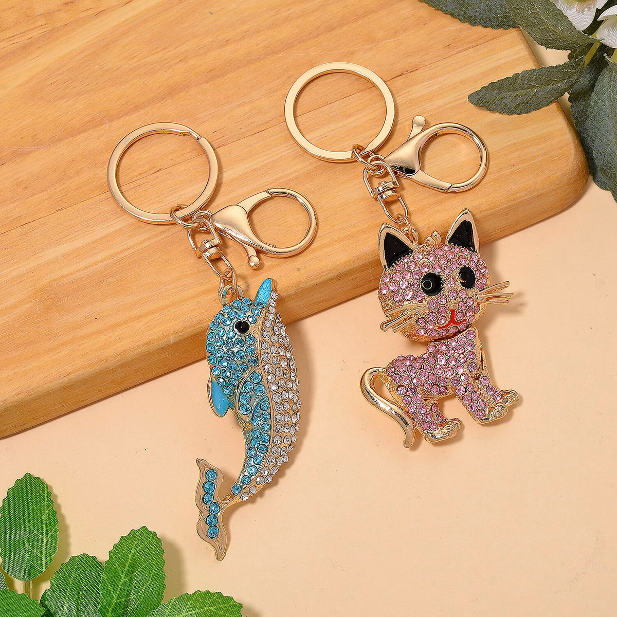 Set of 2 -  Pink &amp; Multi Colour Cat &amp; Dolphin Crystal Keychain in Yellow Gold Tone 4436012 2