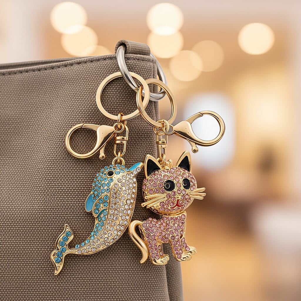Set of 2 -  Pink &amp; Multi Colour Cat &amp; Dolphin Crystal Keychain in Yellow Gold Tone 4436012 3