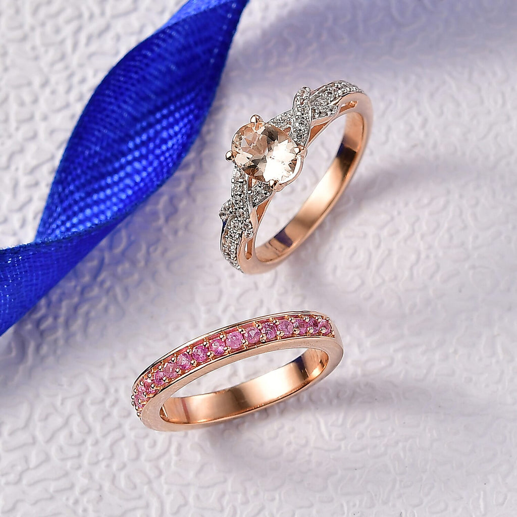 D'Joy Set of 2 - Pink Sapphire, Morganite & White Zircon Ring in 18K Vermeil Rose Gold Plated Sterling Silver 1.44 Ct, Silver Wt. 5.78 Gms.