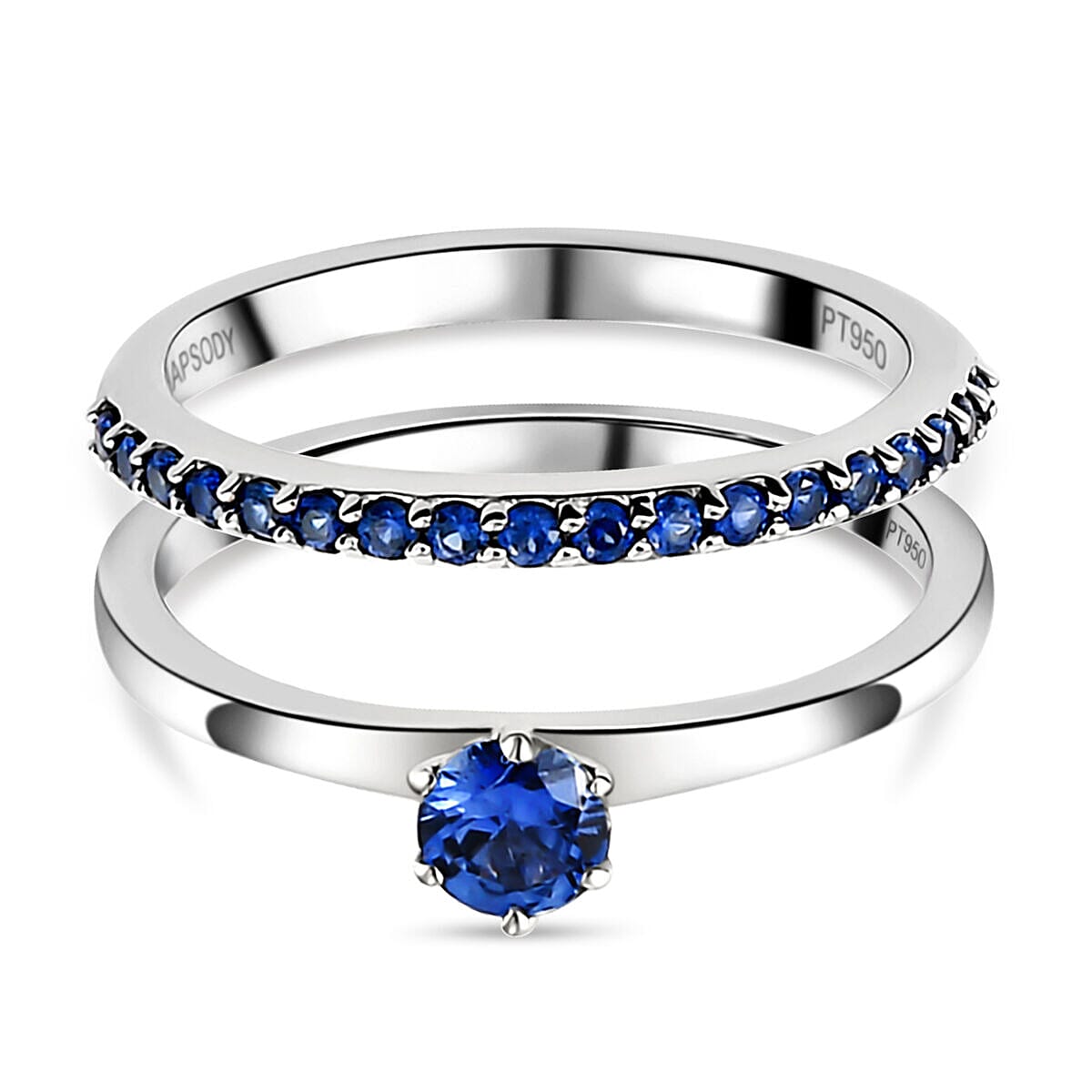 Set of 2 - RHAPSODY 950 Platinum AAAA Ceylon Sapphire Half Eternity and Solitaire Ring 4079134 1
