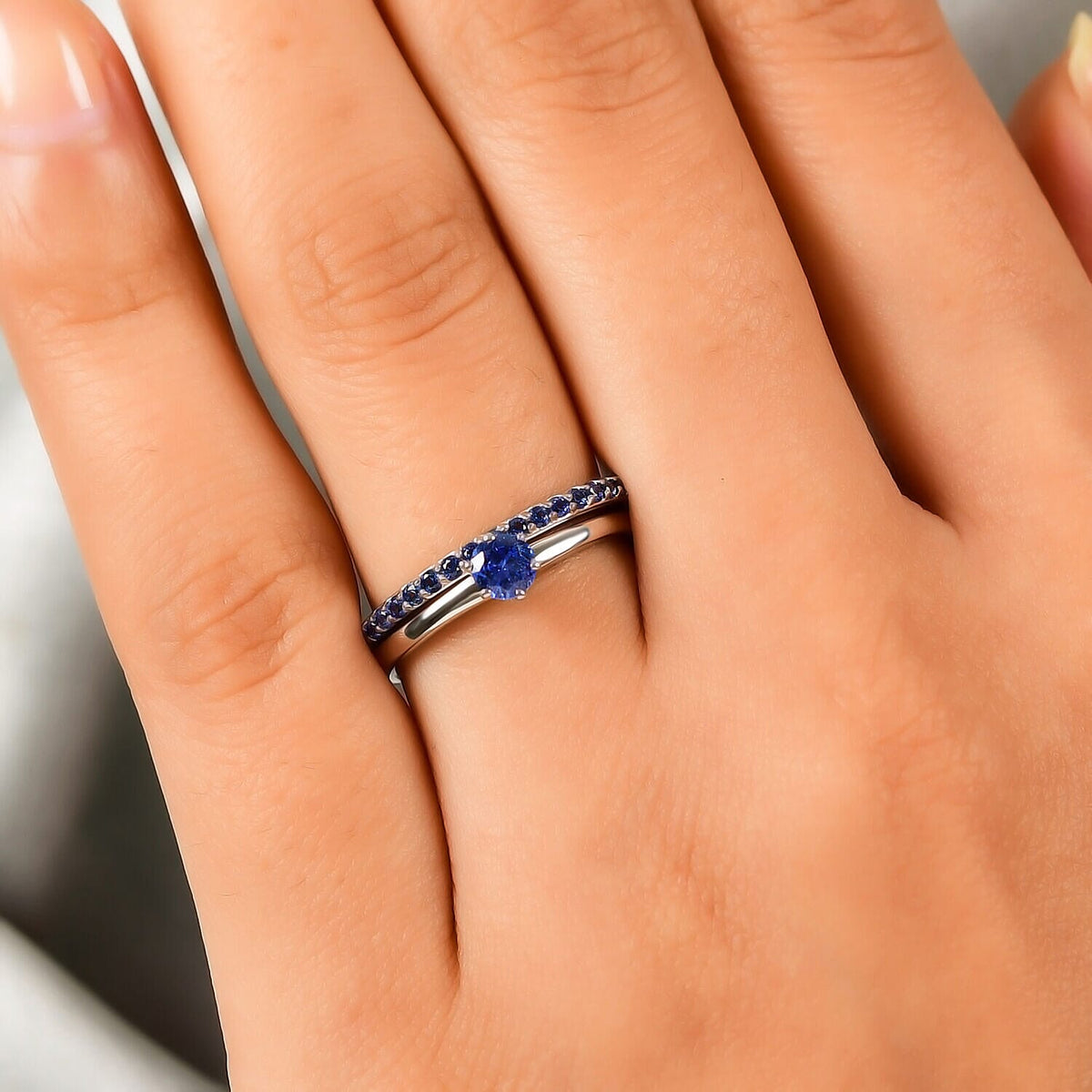 Set of 2 - RHAPSODY 950 Platinum AAAA Ceylon Sapphire Half Eternity and Solitaire Ring 4079134 5