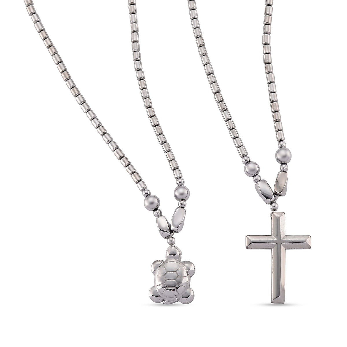 Set of 2 - Silver Plated Hematite Cross and Turtle Necklace (Size - 25) 448.50 Ct. V32733467 0