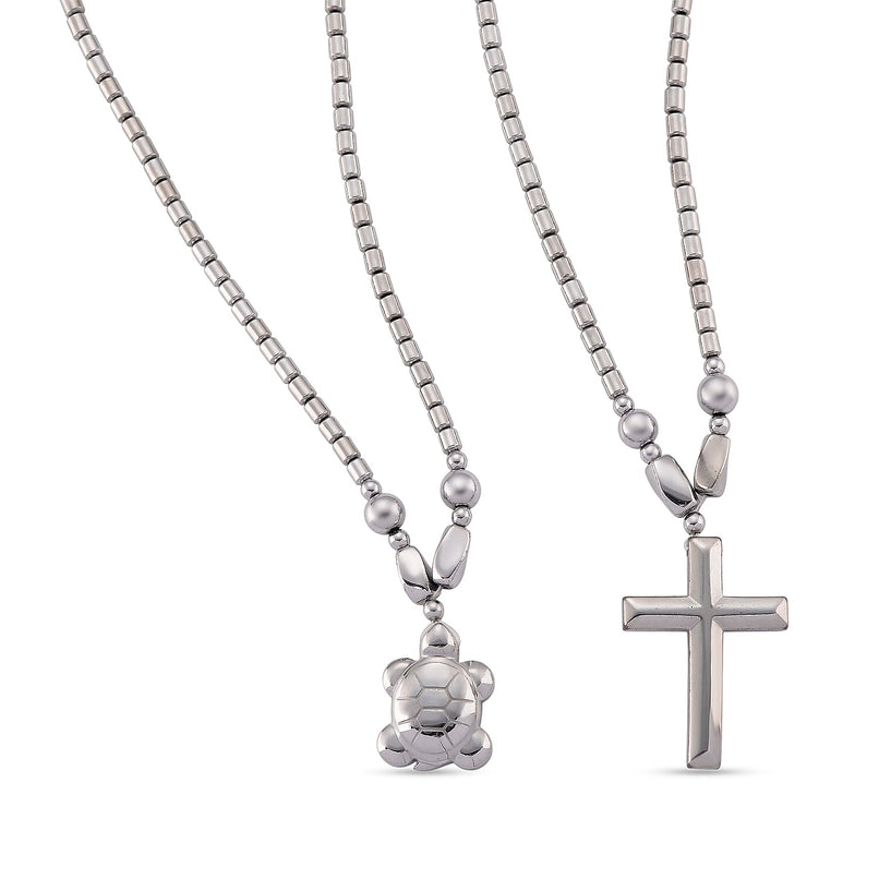 Set of 2 - Silver Plated Hematite Cross and Turtle Necklace (Size - 25) 448.50 Ct.
