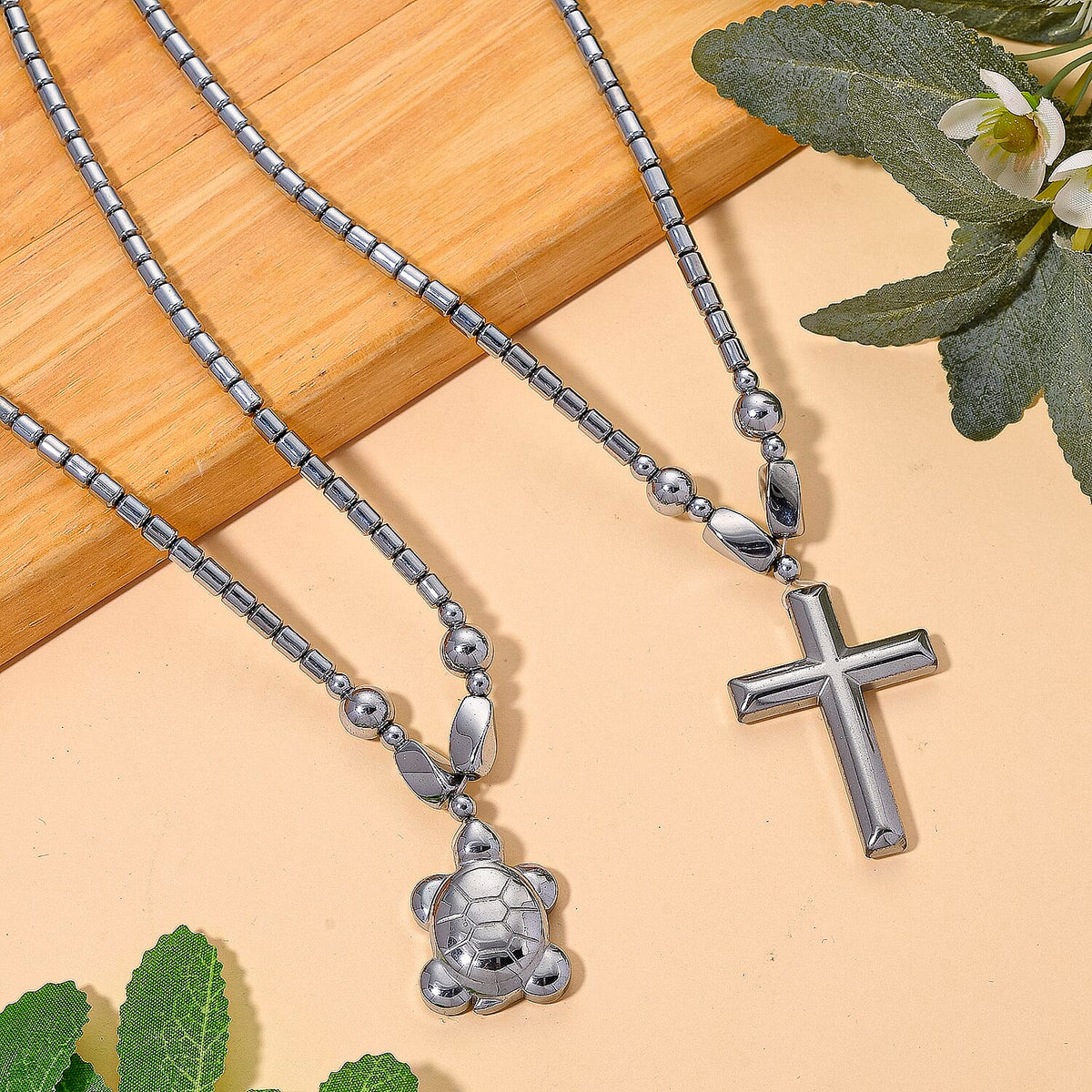 Set of 2 - Silver Plated Hematite Cross and Turtle Necklace (Size - 25) 448.50 Ct. V32733467 2