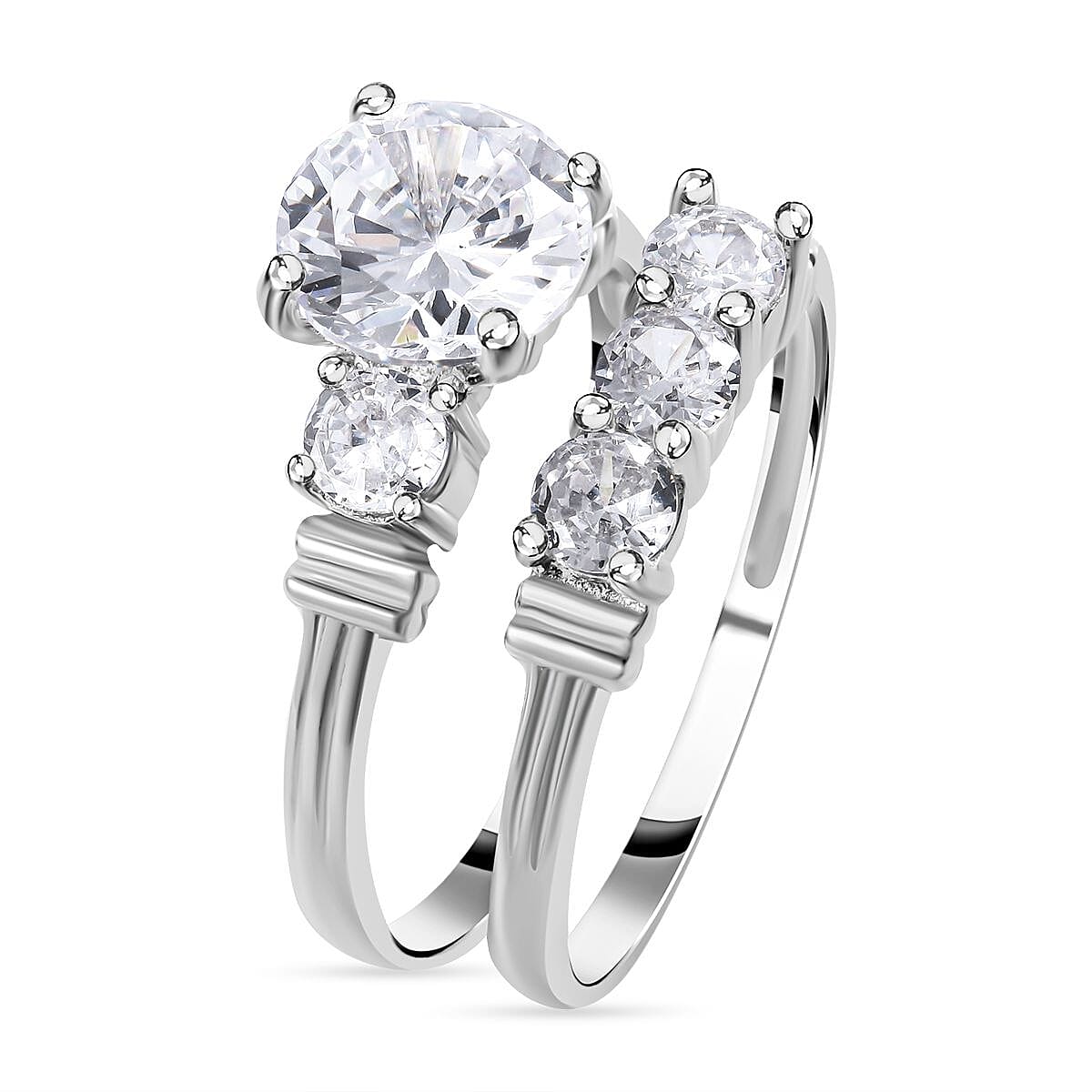 Set of 2 - Cubic Zirconia Ring in Rhodium Overlay Sterling Silver 4212672 2
